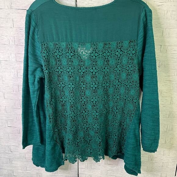 Anthropologie Knitted & Knotted top aqua knit satin crocheted Lace back Layered - Picture 8 of 9